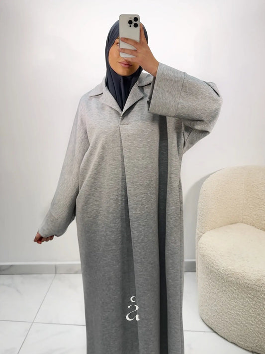 abaya col chemise gris clair